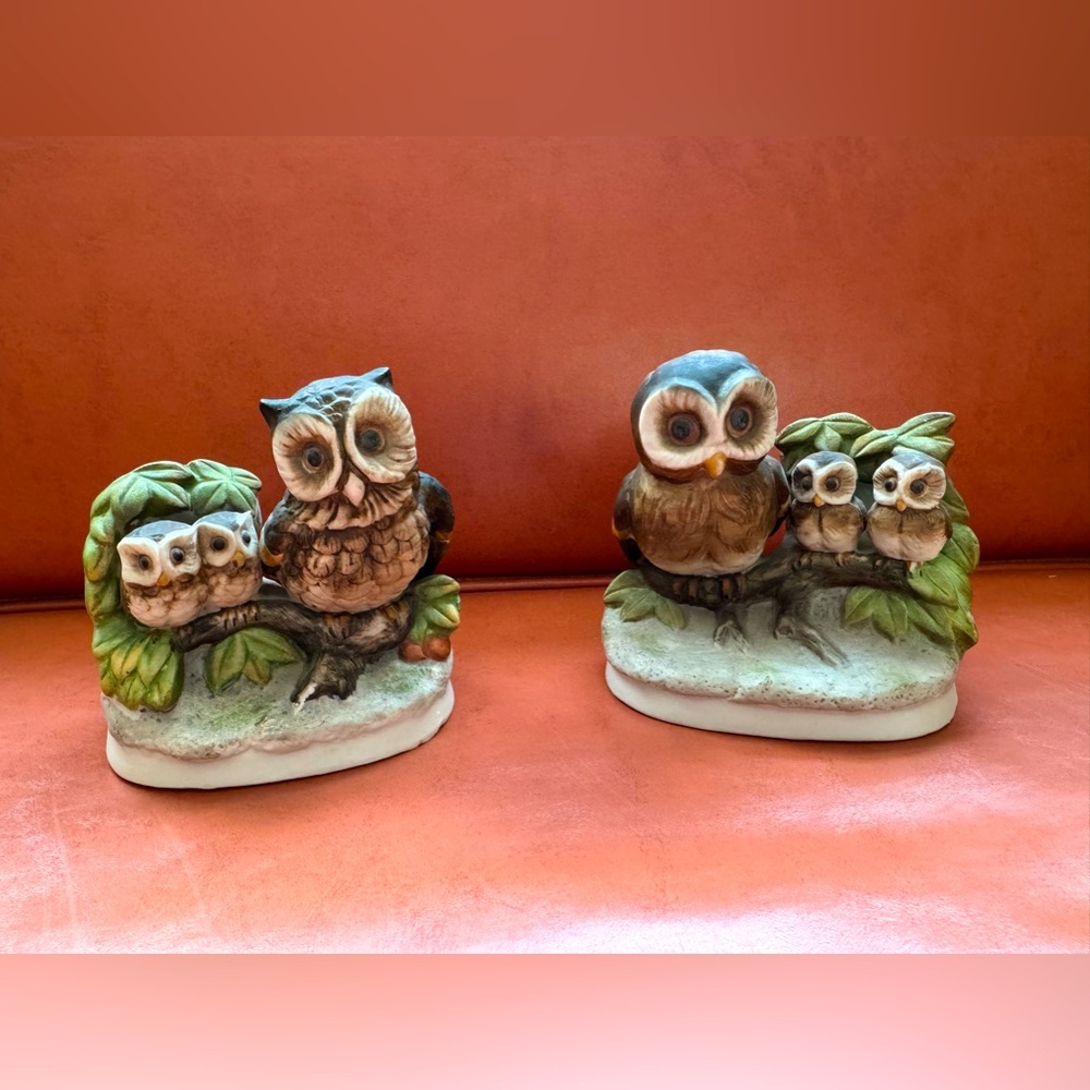 Screech Owl Family Porcelain Figurines from Homco Vintage 1970s